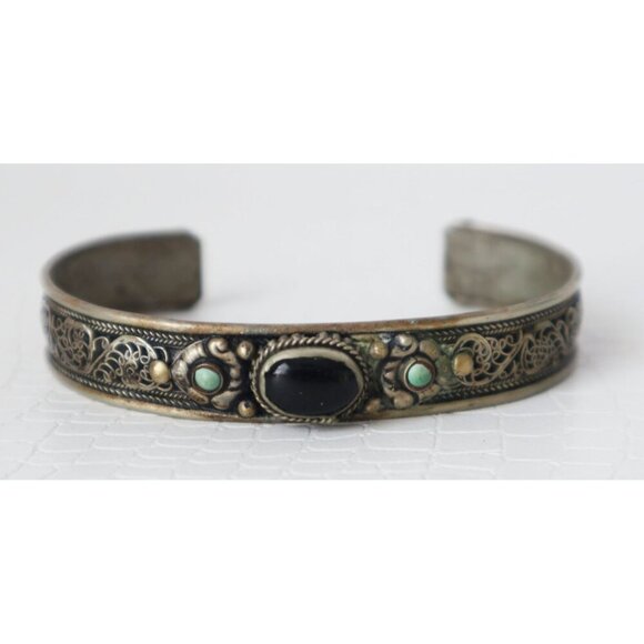2 Vintage Tribal Silver Filigree Cuff Bracelets Black Onyx & Turquoise - Picture 2 of 6
